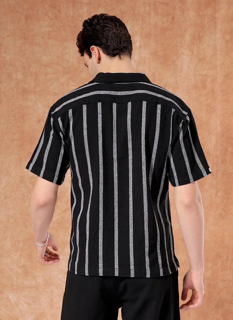 The Indian Garage Co Men Relaxed Fit Striped Half Sleeves Cuban Collar Resort Wear Shirt