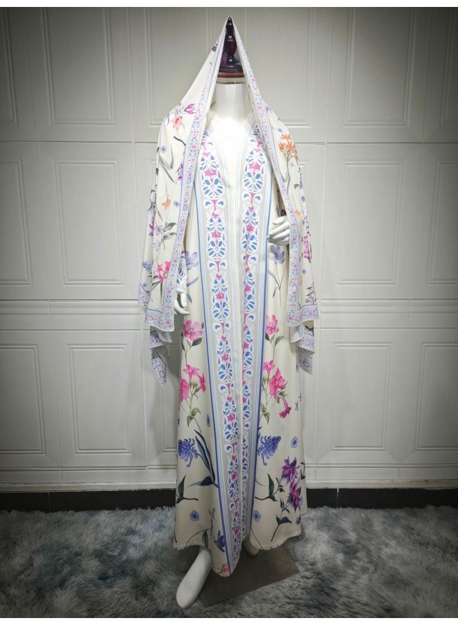 Modest Printed Cardigan Robe With Headscarf Jacket - Image 1