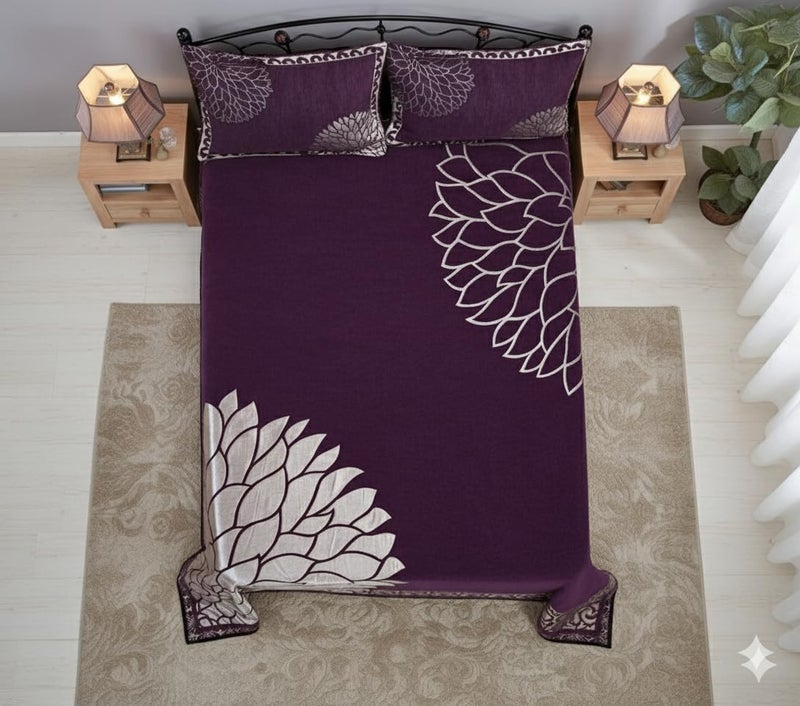 Fresh From Loom Chenille Velvet Floral 500 TC Heavy Bedsheet for Double Bed King Size - 90 x 100 inch Purple Color with 2 Pillow Covers - Image 2