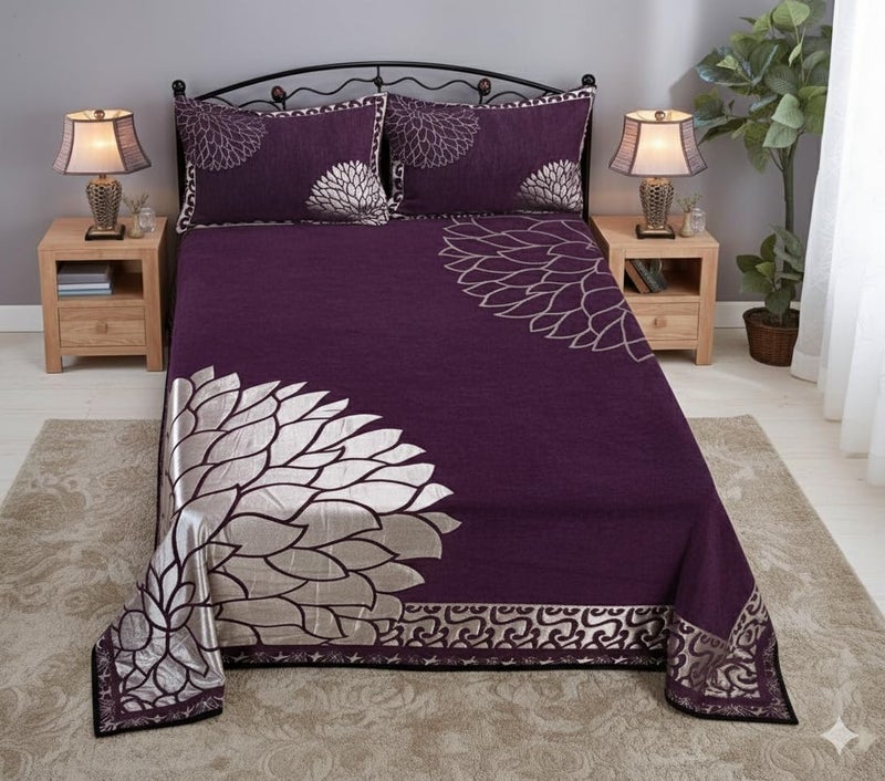 Fresh From Loom Chenille Velvet Floral 500 TC Heavy Bedsheet for Double Bed King Size - 90 x 100 inch Purple Color with 2 Pillow Covers - Image 1