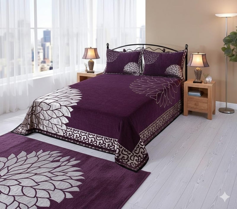 Fresh From Loom Chenille Velvet Floral 500 TC Heavy Bedsheet for Double Bed King Size - 90 x 100 inch Purple Color with 2 Pillow Covers - Image 3