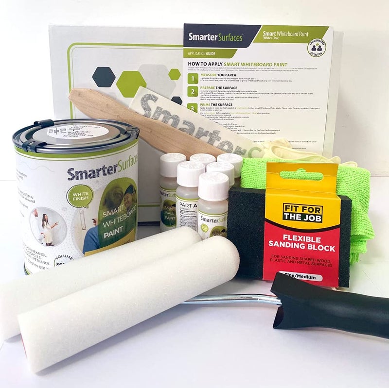 SmarterSurfaces دهانات سبورة سمارتير سرفيس (21 قدم مربع / 4.8 أونصة سائلة) مجموعة كاملة - دهان سبورة قابلة للمسح الجاف للجدران | دهانات جدران سبورة | تحويل الجدار إلى سطح قابل للكتابة | دهان قابل للمسح الجاف لمدة 10+ سنوات - Image 1