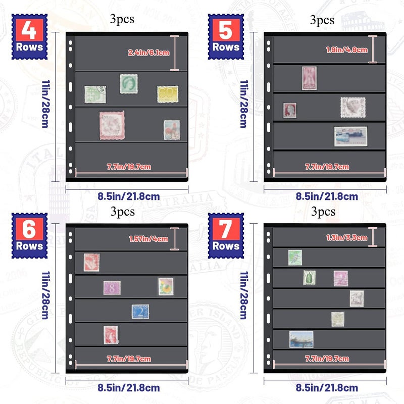 12 Pcs Double Sided Stamp Album Pages With 4 To 7 Rows For Collector Binder Inserts Standard 9 Hole Sleeves - Image 2