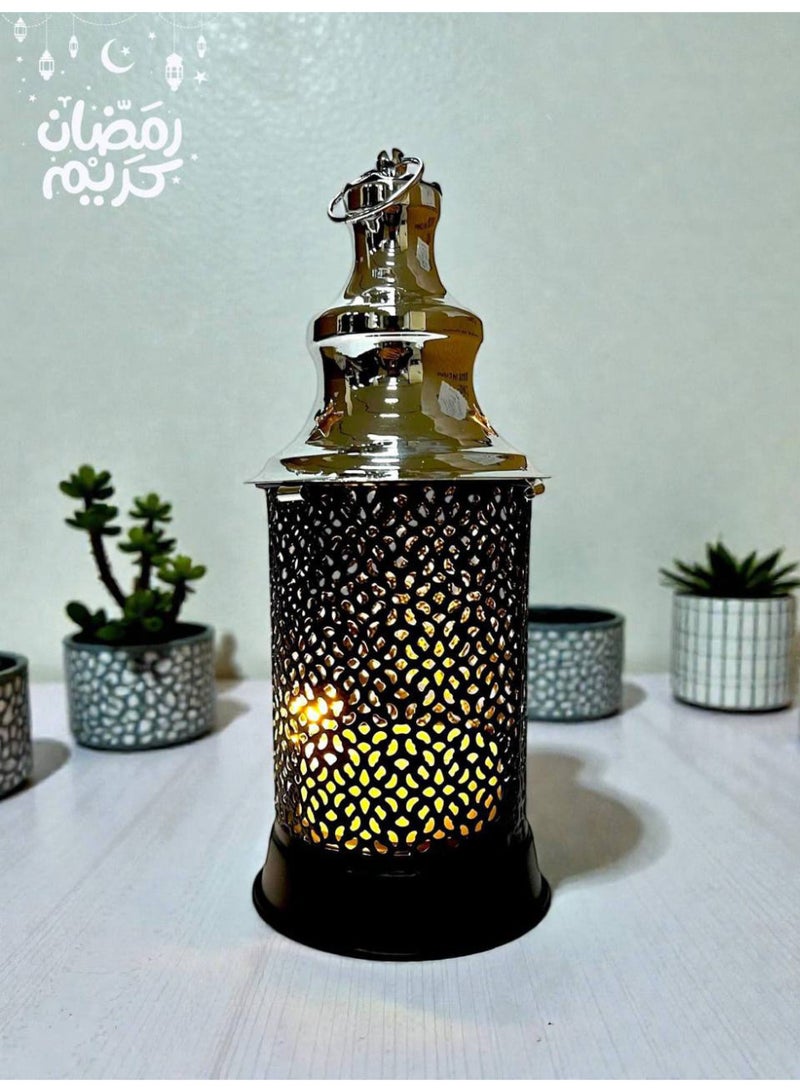 Metal Ramadan lantern, 26 cm, with an embossed design, with a circular pendant, black and silver color. - Image 3