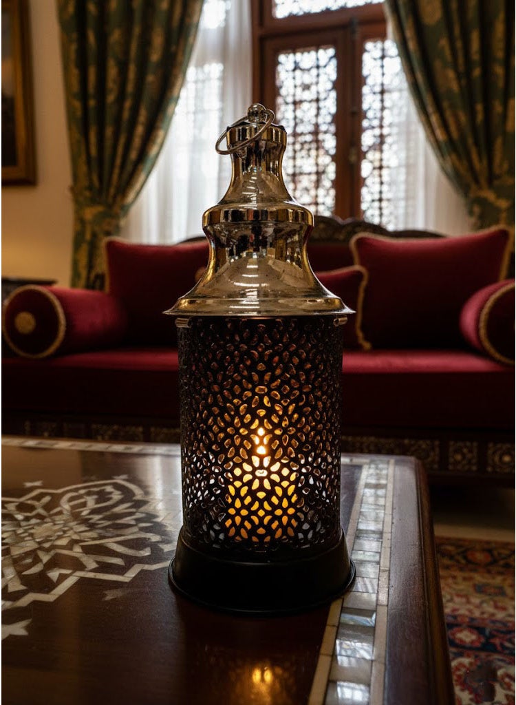 Metal Ramadan lantern, 26 cm, with an embossed design, with a circular pendant, black and silver color. - Image 4