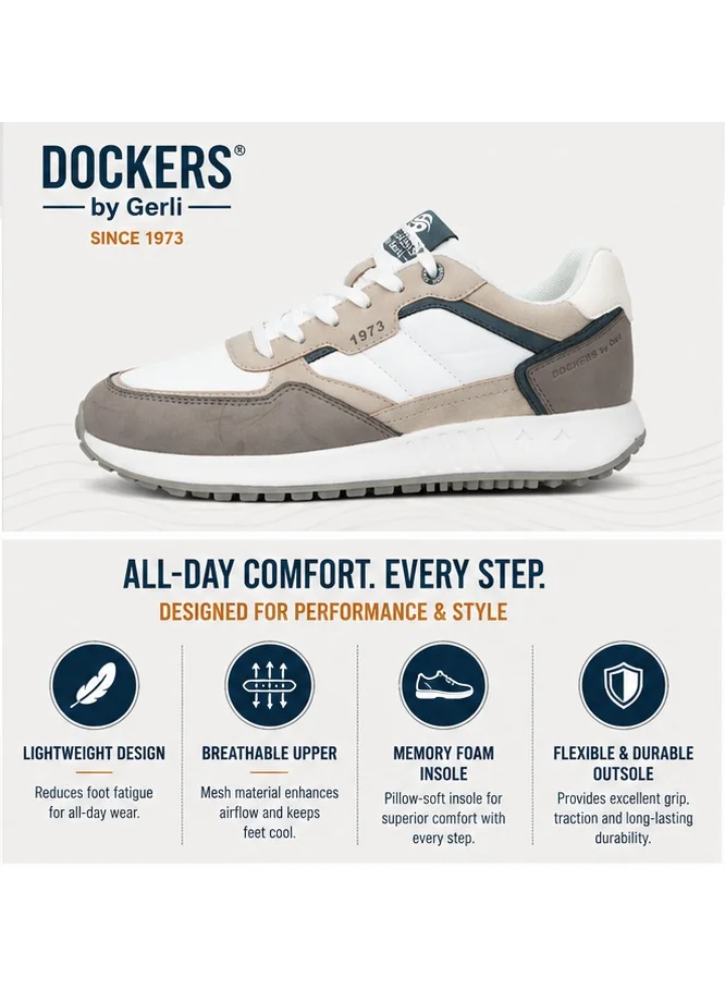 دوكرز باي جيرلي Dockers by Gerli Men's Lightweight Retro Low-Top Sneakers with Memory Foam Insole - White/Beige/Grey
