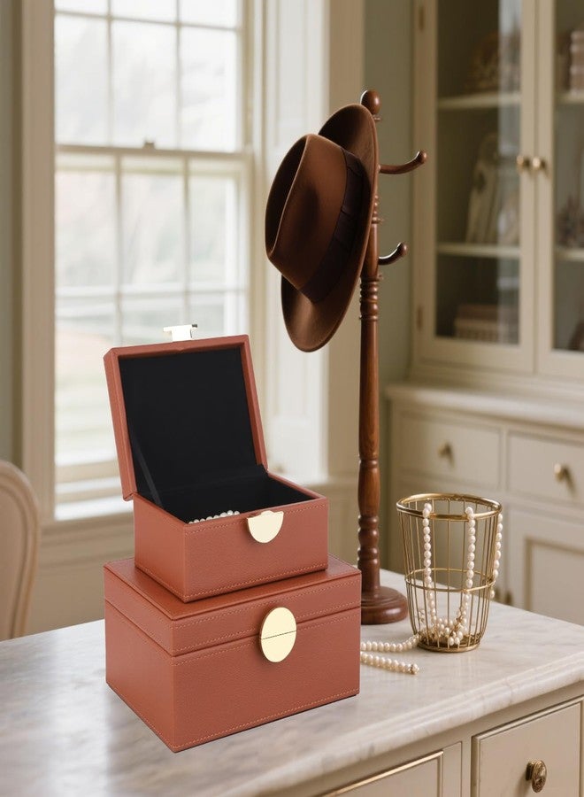 HofferRuffer Faux Leather Jewelry Boxes, Decorative Boxes Storage Accessory Organizer with Gold Hardware Decor, Classic Vegan Leather Set of 2 Pieces (Brown) - Image 3