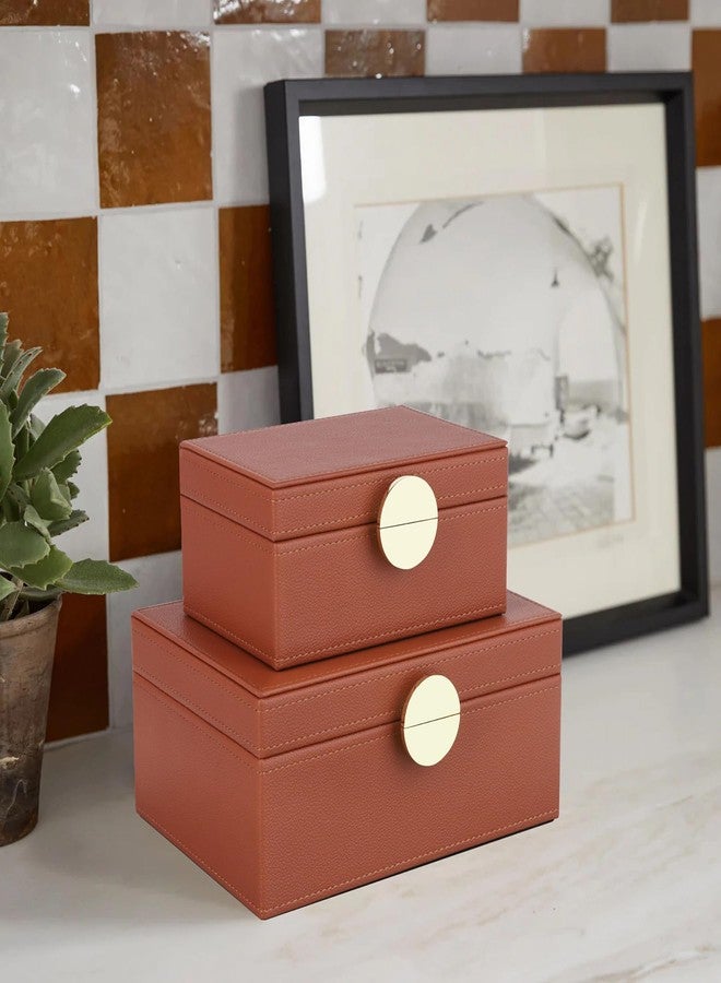 HofferRuffer Faux Leather Jewelry Boxes, Decorative Boxes Storage Accessory Organizer with Gold Hardware Decor, Classic Vegan Leather Set of 2 Pieces (Brown) - Image 5