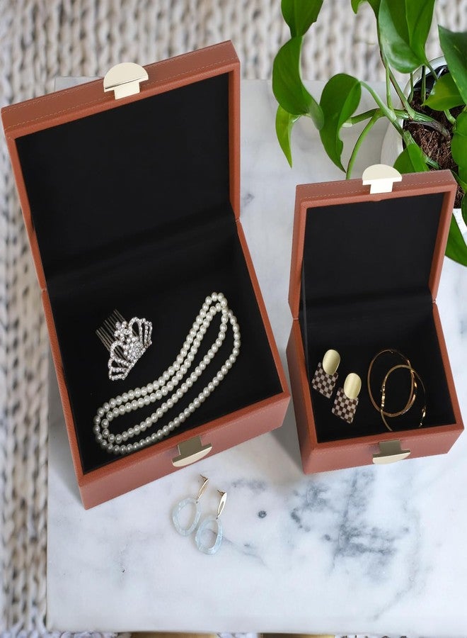 HofferRuffer Faux Leather Jewelry Boxes, Decorative Boxes Storage Accessory Organizer with Gold Hardware Decor, Classic Vegan Leather Set of 2 Pieces (Brown) - Image 4