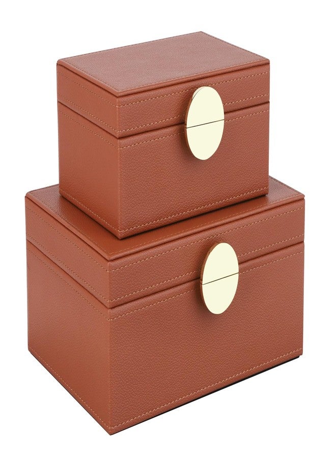 HofferRuffer Faux Leather Jewelry Boxes, Decorative Boxes Storage Accessory Organizer with Gold Hardware Decor, Classic Vegan Leather Set of 2 Pieces (Brown) - Image 1