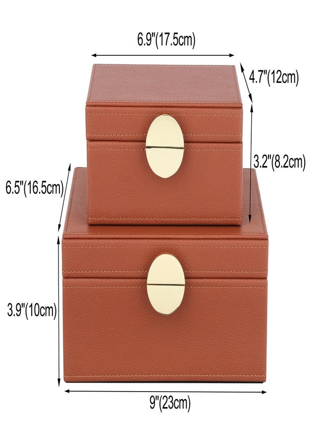 HofferRuffer Faux Leather Jewelry Boxes, Decorative Boxes Storage Accessory Organizer with Gold Hardware Decor, Classic Vegan Leather Set of 2 Pieces (Brown) - Image 2