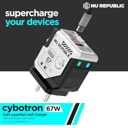 Nu Republic Cybotron 67W GaN, QC PD & Powerblitz™ Technology with Type-C to C Cable, 3 Ports - 2 Type C & 1 USB, Supports MacBook, Type-C Laptops, iPhone, Samsung, OnePlus, Nothing etc (Silver) - Image 2