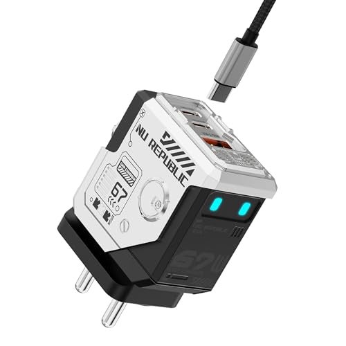 Nu Republic Cybotron 67W GaN, QC PD & Powerblitz™ Technology with Type-C to C Cable, 3 Ports - 2 Type C & 1 USB, Supports MacBook, Type-C Laptops, iPhone, Samsung, OnePlus, Nothing etc (Silver) - Image 1