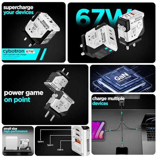 Nu Republic Cybotron 67W GaN, QC PD & Powerblitz™ Technology with Type-C to C Cable, 3 Ports - 2 Type C & 1 USB, Supports MacBook, Type-C Laptops, iPhone, Samsung, OnePlus, Nothing etc (Silver) - Image 3