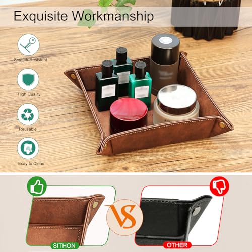 SITHON Valet Tray Desktop Storage Organizer – Premium PU Leather Catchall Bedside Vanity Tray Nightstand Caddy Holder for Remote Controller, Keys, Phone, Wallet, Coin, Jewelry, Brown - Image 4