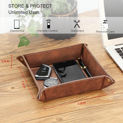 SITHON Valet Tray Desktop Storage Organizer – Premium PU Leather Catchall Bedside Vanity Tray Nightstand Caddy Holder for Remote Controller, Keys, Phone, Wallet, Coin, Jewelry, Brown - Image 3