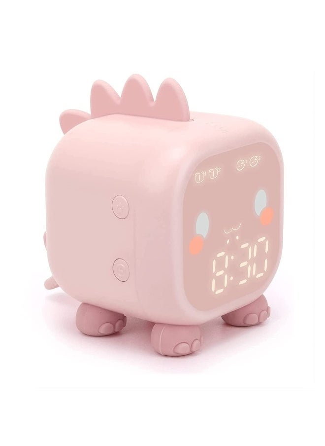 Kids Alarm Clock, Digital Alarm Clock for Kids Bedroom, Cute Dinosaur Bedside Clock Children's Sleep Trainier, Wake Up Light & Night Light with USB Alarm Clock for Boys Girls Birthday Gifts (Pink)