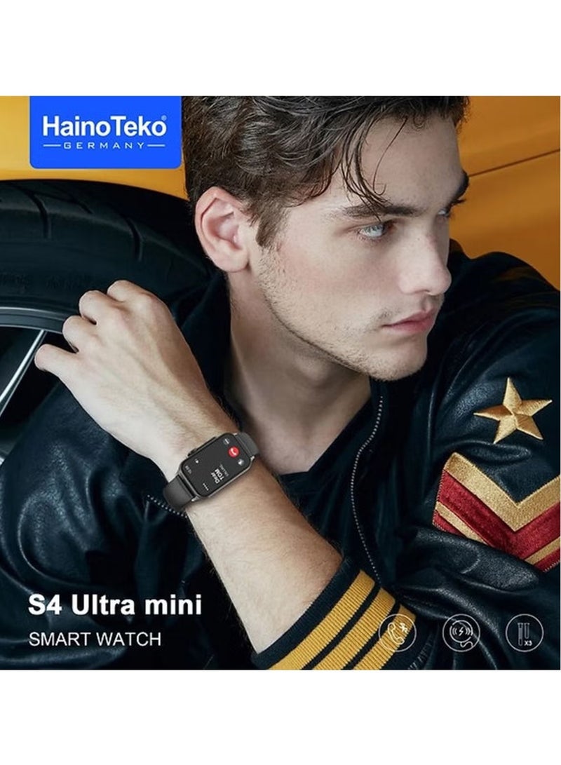 S4 Ultra Mini Smart Watch with 2 Pair Strap & Wireless Charger for Men & Women – Sleek Black Design, Fitness Tracker, Heart Rate Monitor, Sleep Monitoring, Waterproof, Long Battery Life, Compatible with iOS & Android