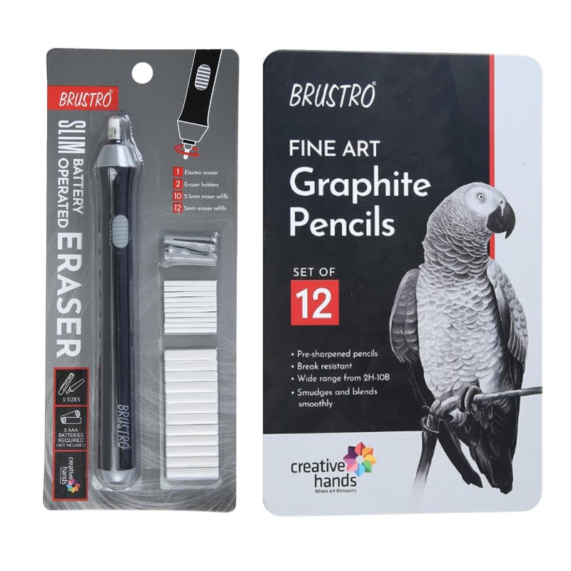 BRUSTRO Automatic Eraser| Battery Operated, Electric| 2.3mm,5mm| Set of 22 Refills+2 Eraser Holders & Artists FINEART Graphite Pencil |Set of 12 (10B-2H)| Ideal for Sketching,Mandala,Portrait,Drawing - Image 1