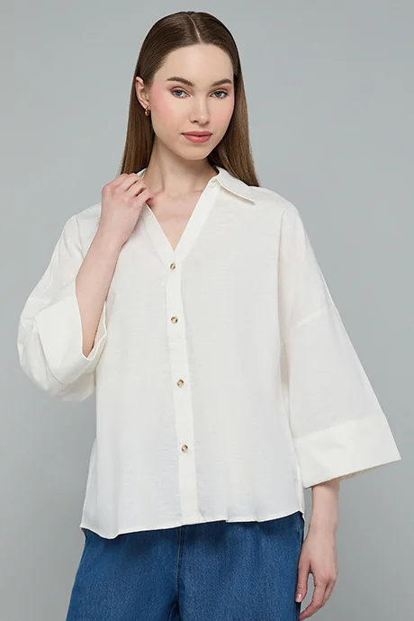 أر أند بي Solid Shirt with Spread Collar and 3/4 Sleeves