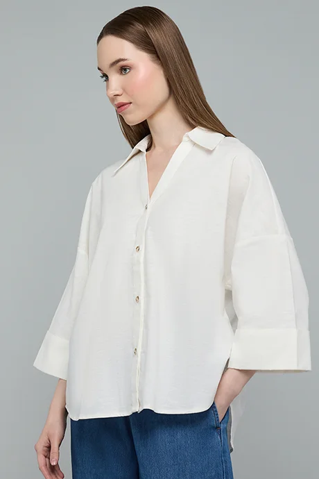 أر أند بي Solid Shirt with Spread Collar and 3/4 Sleeves