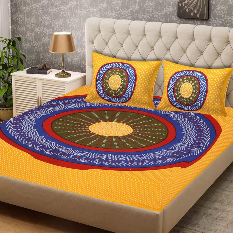 EarlyMart 144 TC Cotton Comfort Rajasthani Jaipuri Traditional Double Bed Bedsheet with 2 Pillow Covers 032 Yellow King Size - Image 1