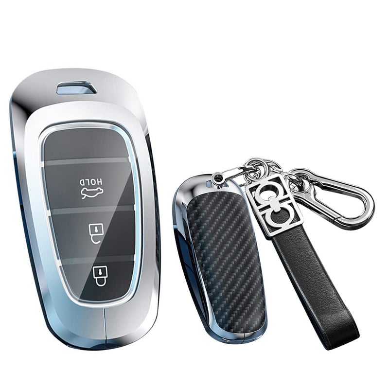 SANRILY ABSZinc Alloy Keyless 4578 Button Key Fob Cover Fit for Hyundai Sonata Santa fe Tucson 2023 2022 Palisade Nexo Key Fob Case with Keychain Silver