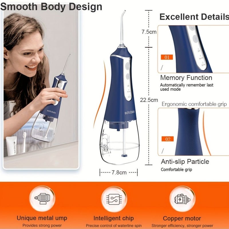 Navy Blue Cordless Oral Irrigator 5 Nozzles Rechargeable Dental Flosser USB Portable for Home Travel - Image 4