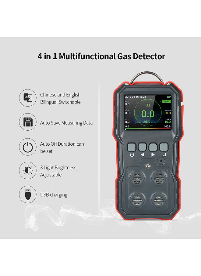 Industrial Digital Handheld 4 in 1 Gas Carbon Monoxide Detector Oxygen Combustible Gas H2S Tester with 120000 Data Logging LCD Display Sound and Light Vibration Alarm