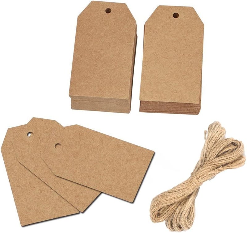 KINGLAKE 100 Pcs Christmas Gift Tags with String Kraft Paper Vintage Wedding Hang Tags 7x4cm with Natural Jute Twine - Image 1