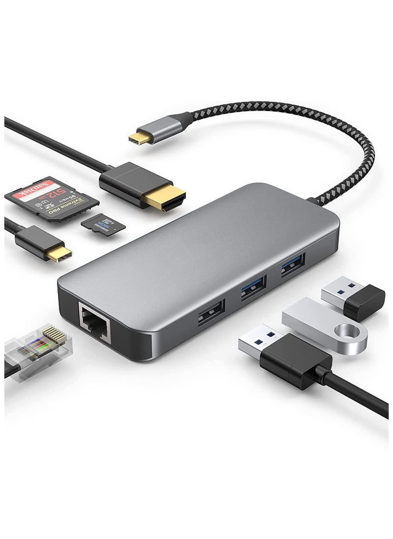 إيروريكس موزع USB C 8 في 1 مع محول HDMI 4K، ومنفذ إيثرنت بسرعة 1000 ميجا بت في الثانية، وشحن PD بقوة 100 وات، وقارئ بطاقات SD 3.0 وTF 3.0، ومنفذ USB 3.0 ومنفذ USB 2.0 للكمبيوتر المحمول USB-C وجهاز من النوع C  - Image 1