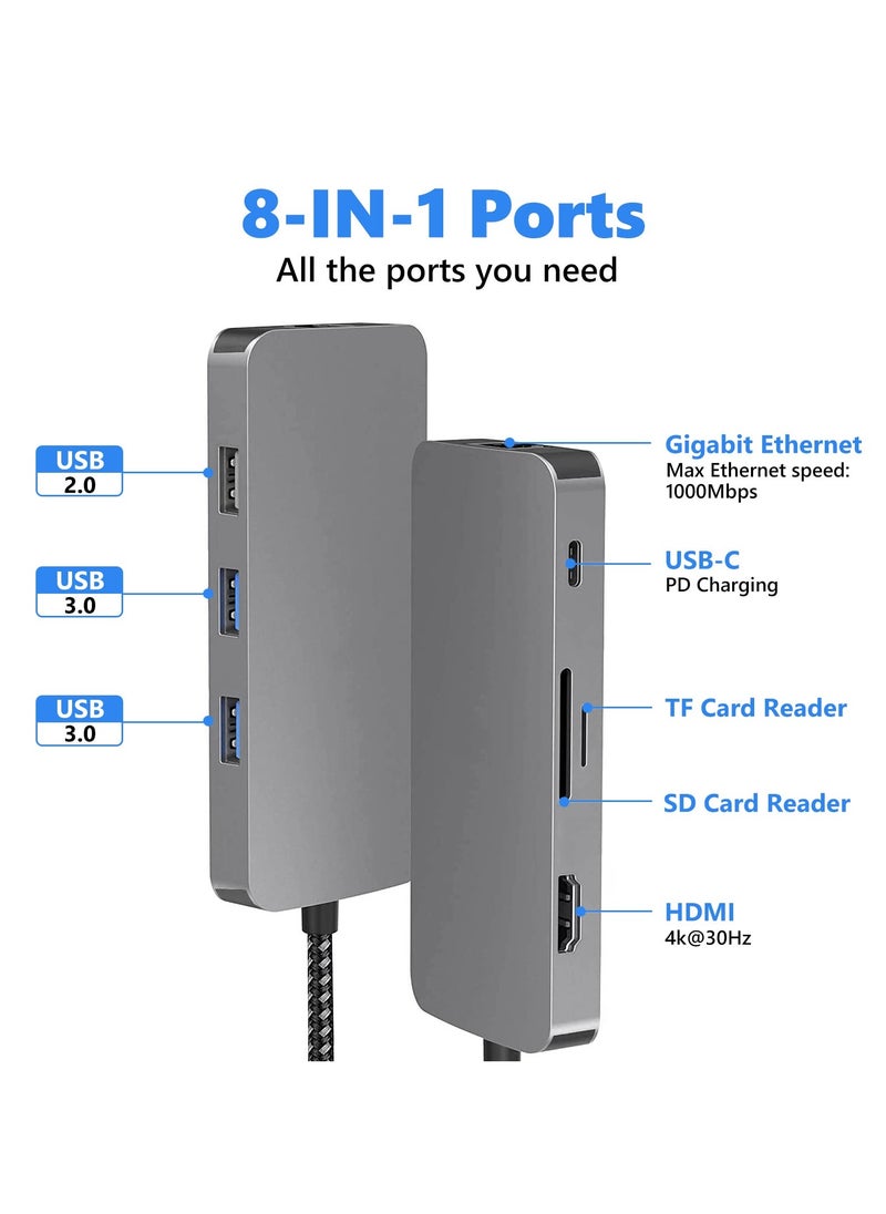 إيروريكس موزع USB C 8 في 1 مع محول HDMI 4K، ومنفذ إيثرنت بسرعة 1000 ميجا بت في الثانية، وشحن PD بقوة 100 وات، وقارئ بطاقات SD 3.0 وTF 3.0، ومنفذ USB 3.0 ومنفذ USB 2.0 للكمبيوتر المحمول USB-C وجهاز من النوع C  - Image 2