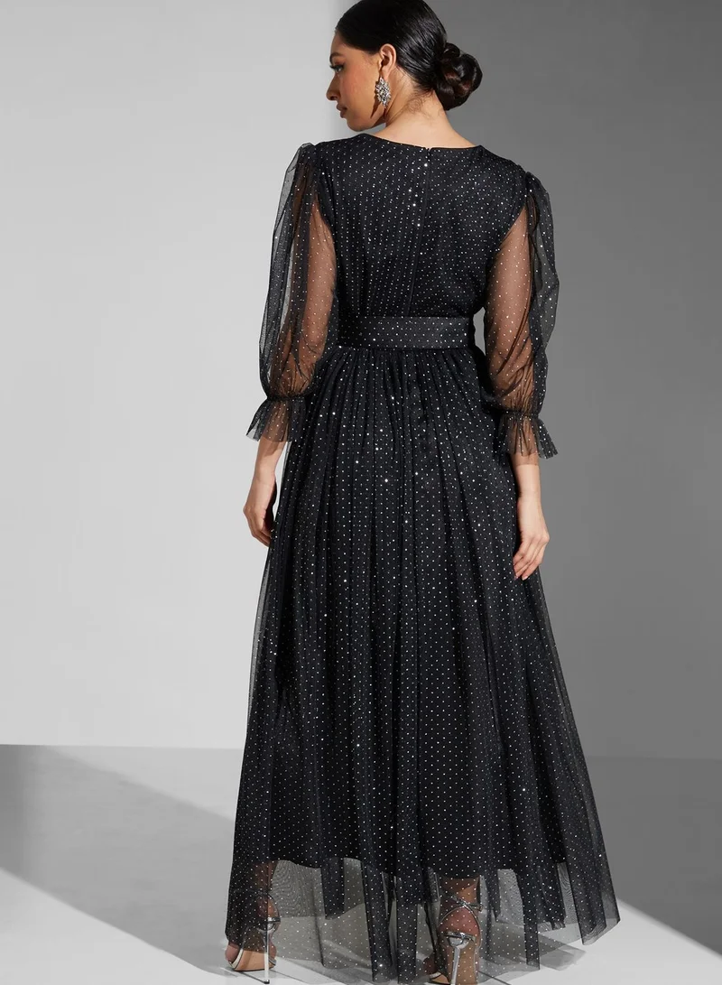 Namshi x Leen Aboushaar Shimmer Dress With Belt