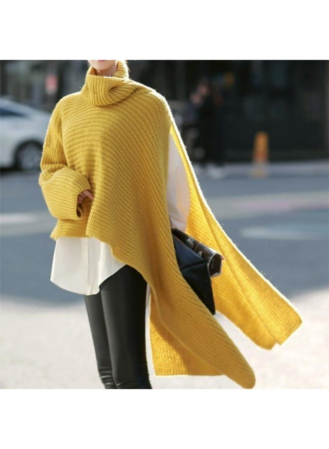 NIBEMINENT Women Pullover Sweater Cape Knitted Tops Solid Casual Turtleneck Full Sleeve Loose Sweaters Jumpers Splice Irregular Sweater - Image 1