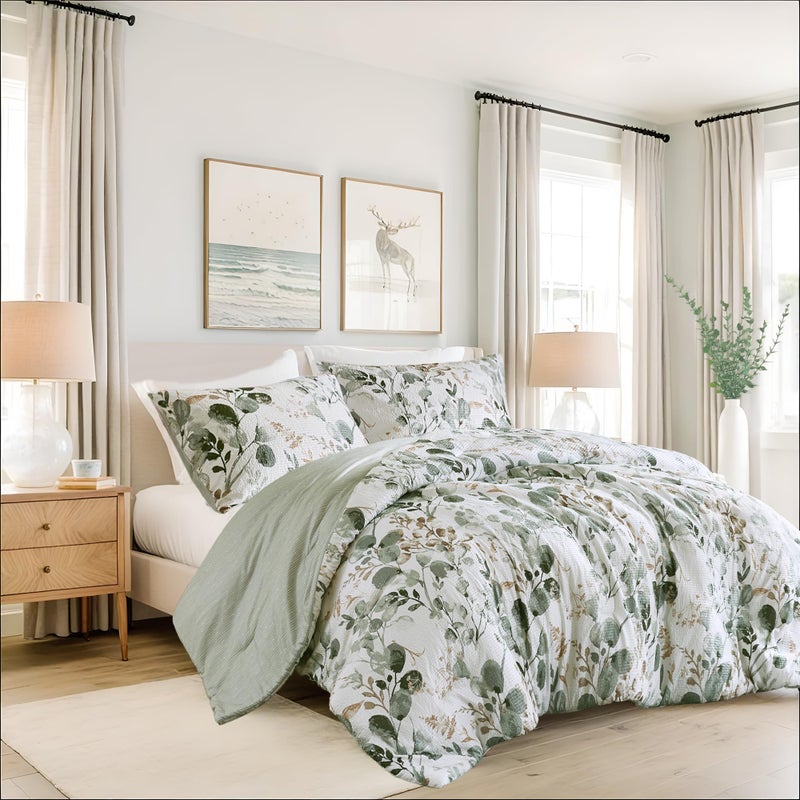 Regency Heights Lightweight Seersucker Botanical Comforter Set Queen Size, 3 Pieces Reversible Design with Striped Print, Premium Microfiber Bedding Set, Comforter and Sham Set, Green - Image 1