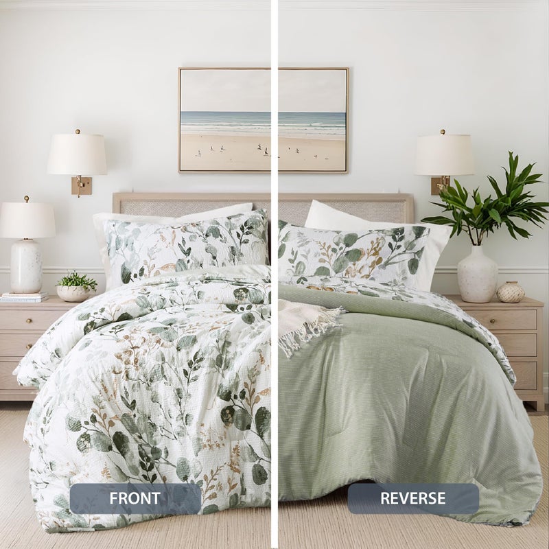 Regency Heights Lightweight Seersucker Botanical Comforter Set Queen Size, 3 Pieces Reversible Design with Striped Print, Premium Microfiber Bedding Set, Comforter and Sham Set, Green - Image 4