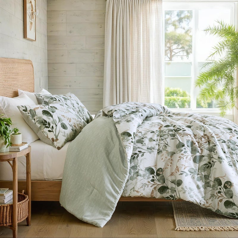 Regency Heights Lightweight Seersucker Botanical Comforter Set Queen Size, 3 Pieces Reversible Design with Striped Print, Premium Microfiber Bedding Set, Comforter and Sham Set, Green - Image 3