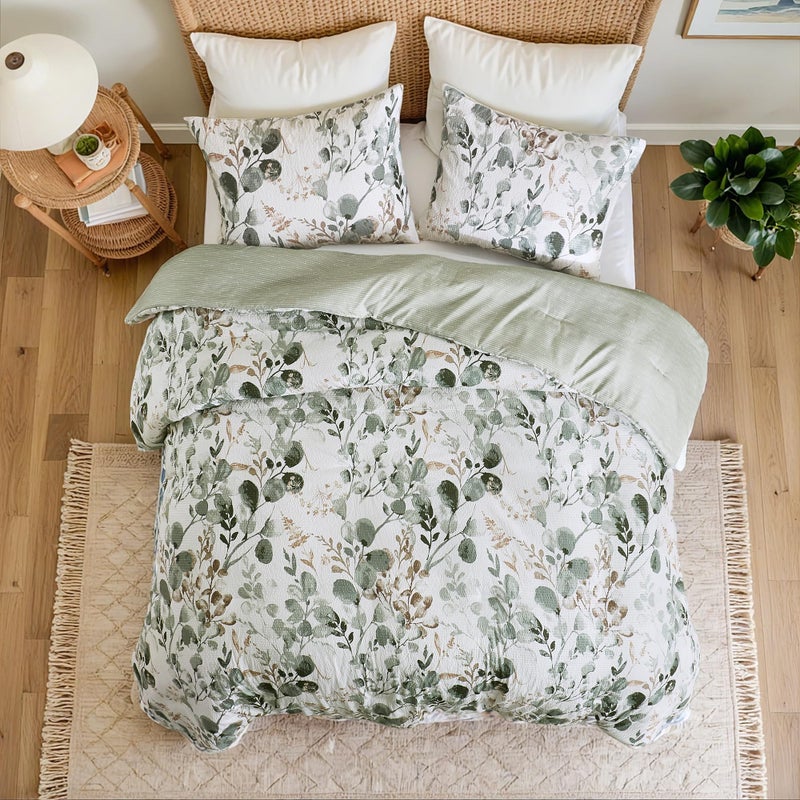Regency Heights Lightweight Seersucker Botanical Comforter Set Queen Size, 3 Pieces Reversible Design with Striped Print, Premium Microfiber Bedding Set, Comforter and Sham Set, Green - Image 2