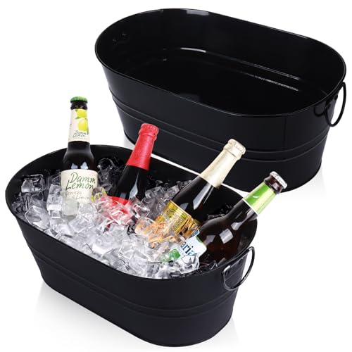 tchrules Galvanized Tub Beverage Tubs 2pcs Metal Ice Buckets for Cocktail Bar 3 Gallon Wine Beer Drink Buckets with Handles Large Tub Cooler Mimosa Bar Supplies Ice Bucket for Parties 15x96x6inch Black - Image 1