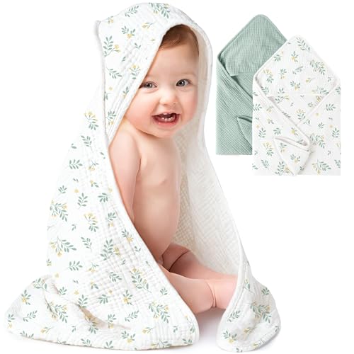 Konssy 2Pack Muslin Hooded Baby Towels 100 Cotton UltraSoft Absorbent Baby Bath Towels with Hood for Newborn Infant Green Leafy30 x 30