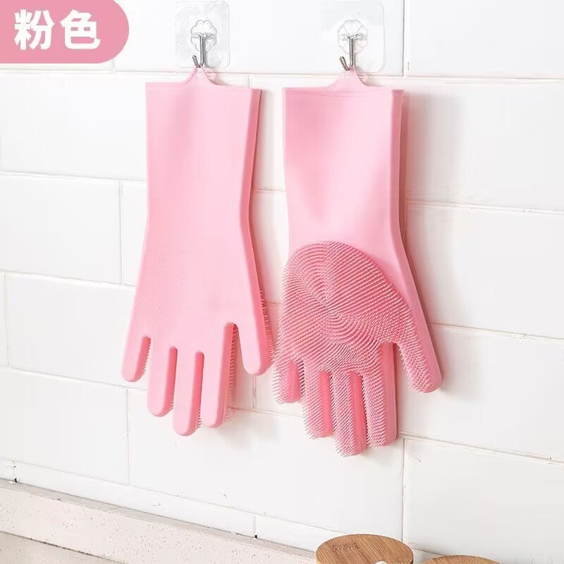 Silicone dishwashing gloves multifunctional household waterproof laundry gloves thickened durable cleaning magic gloves wholesale Pink - Image 1
