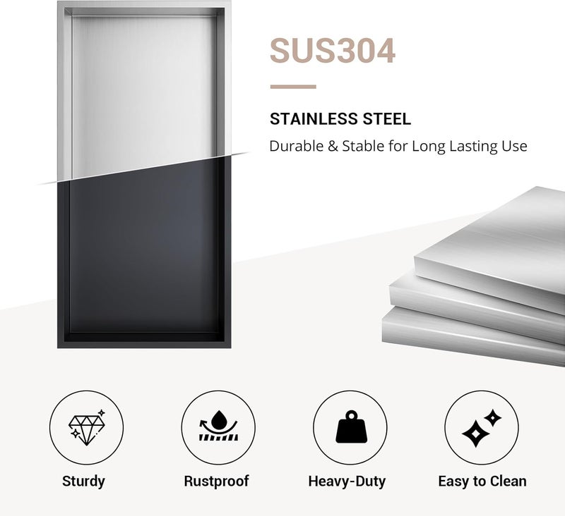 MERRANOX No Tile Needed Matte Black Shower Niche Insert – Retrofit Waterproof 304 Stainless, Sloped Base, 24''×12'' Recessed Shelf for Contractor Remodel Showers - Image 5