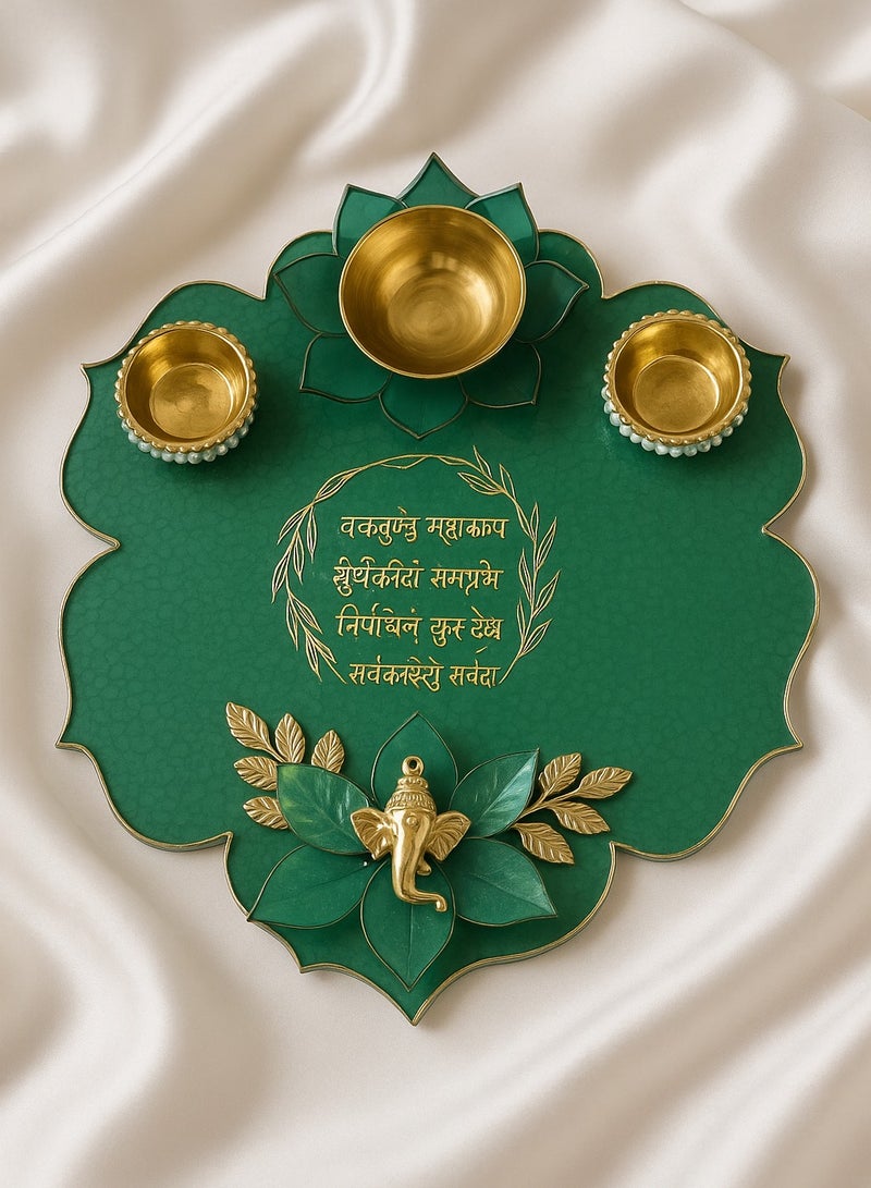 Ready For Chai صينية بوجا يدوية جاهزة للشاي مع مانترا غانيش | صينية زينة للمهرجانات لعيد ديwali، غانيش تشاتورثي والمناسبات الخاصة - Image 3