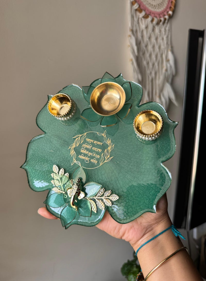 Ready For Chai صينية بوجا يدوية جاهزة للشاي مع مانترا غانيش | صينية زينة للمهرجانات لعيد ديwali، غانيش تشاتورثي والمناسبات الخاصة - Image 2