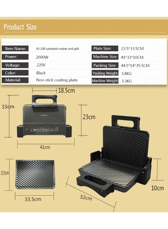 سوكاني شواية كهربائية SOKANY KJ-208 بقوة 2000 واط - ألواح غير لاصقة، تصميم مفتوح بزاوية 180 درجة، شواء داخلي وضاغط ساندويتش - Image 4