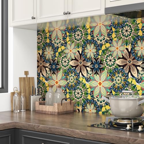 Wallderful Peel and Stick Boho Wallpaper - Green Yellow Blue Floral Vintage Self Adhesive Contact Paper for Accent Wall, Backsplash, Cabinets - Bohemian Style 17.5"x102" - Image 3