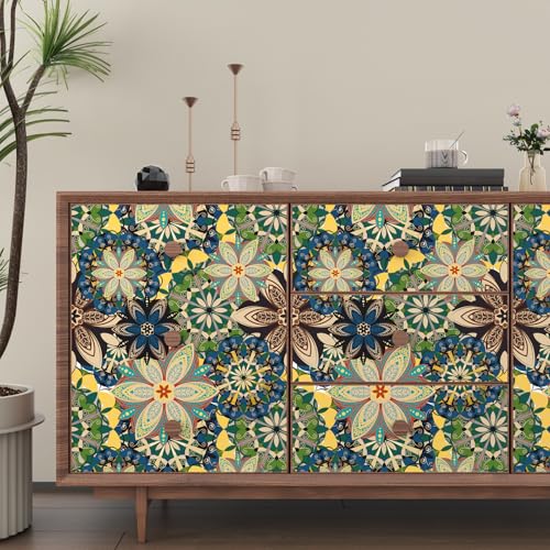 Wallderful Peel and Stick Boho Wallpaper - Green Yellow Blue Floral Vintage Self Adhesive Contact Paper for Accent Wall, Backsplash, Cabinets - Bohemian Style 17.5"x102" - Image 1