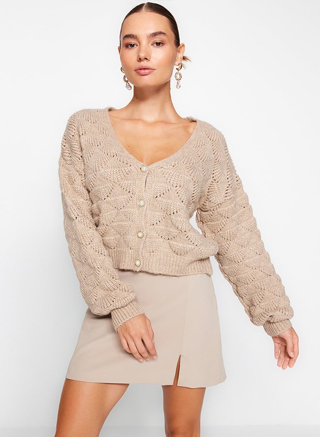 trendyol Mink Openwork/Perforated V-Neck Knitwear Cardigan TWOAW24HI00311  - Image 1