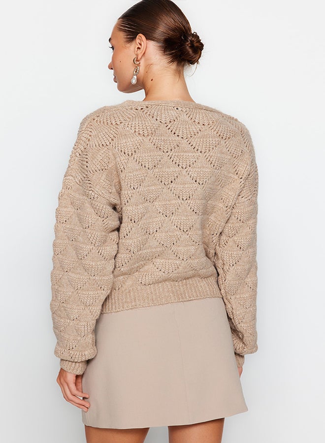 trendyol Mink Openwork/Perforated V-Neck Knitwear Cardigan TWOAW24HI00311  - Image 5