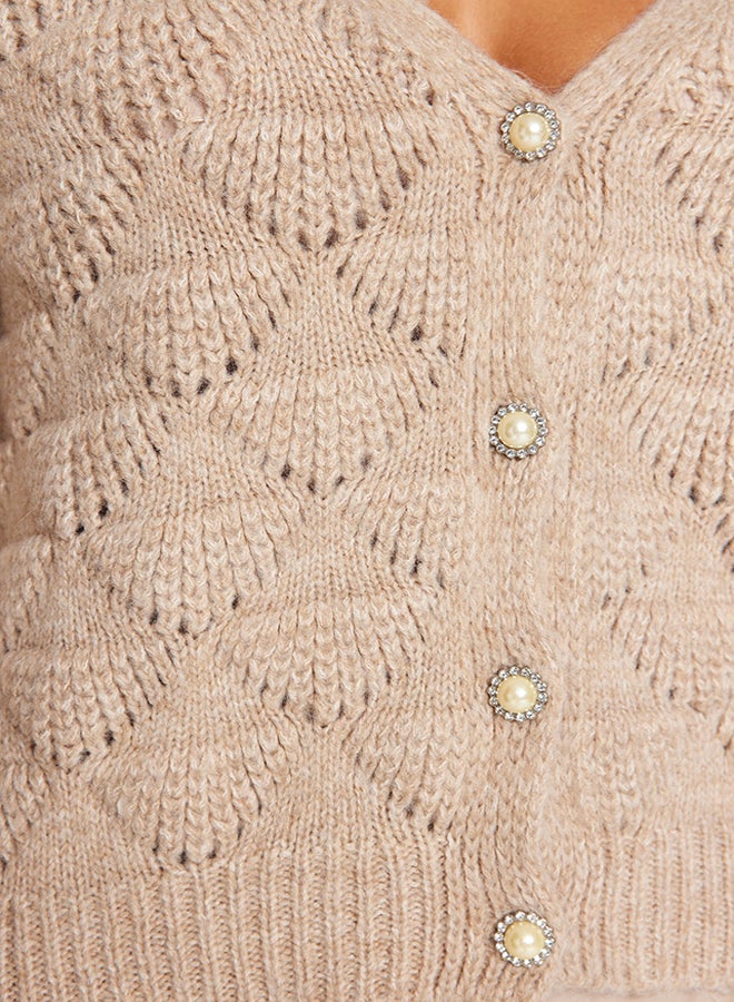 trendyol Mink Openwork/Perforated V-Neck Knitwear Cardigan TWOAW24HI00311  - Image 4